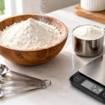 All-purpose flour in a bowl with a measuring cup, digital kitchen scale, and measuring spoons on a kitchen counter.