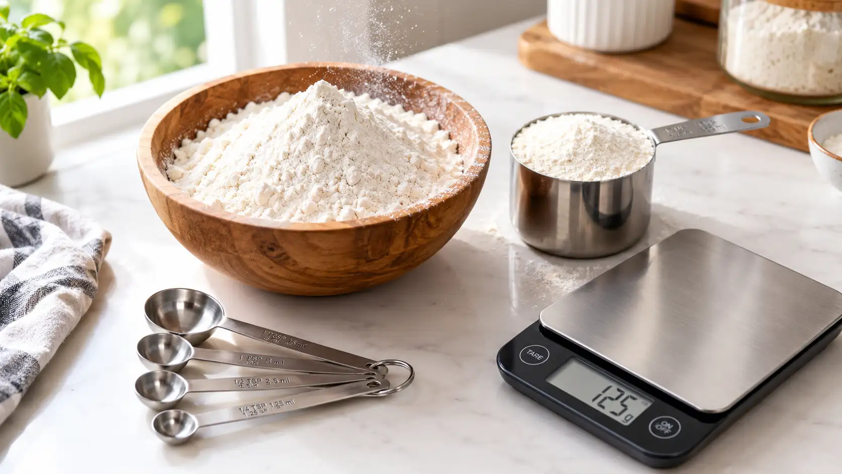 All-purpose flour in a bowl with a measuring cup, digital kitchen scale, and measuring spoons on a kitchen counter.