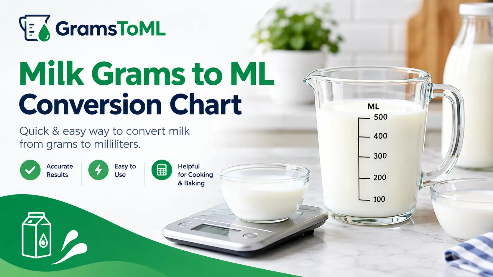 Milk grams to milliliters conversion chart with measuring jug