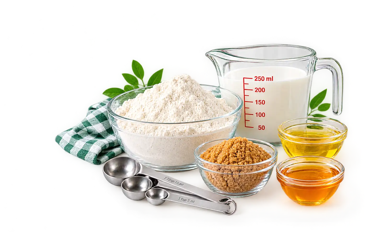 Baking ingredients: flour, milk, sugar, honey, oil